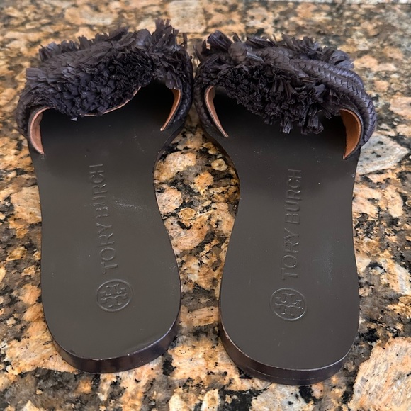 Tory Burch Raffia Fringe Rope Flat Open Toe Slide Leather Sandal Brown - Picture 8 of 11